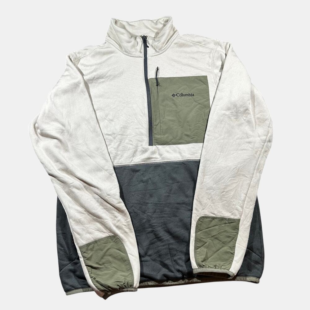 Columbia Quarter Zip Fleece Pullover Cream Gray Olive Colorblock Outdoor Jacket